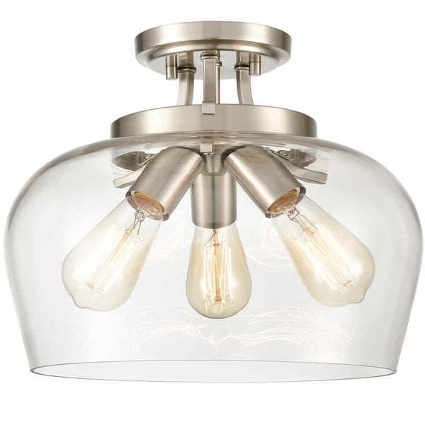 3-Light Glass Ceiling Lights Semi Flush Mount Brushed Nickel Finish